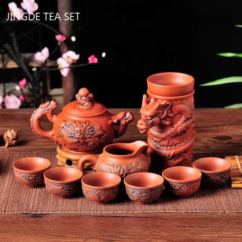 Authentic Yixing Dragon Teapot Sets 9pcs Boutique Purple Clay Tea Set Handmade Zisha Tea Pot and Cup Set Customized Teaware Gift