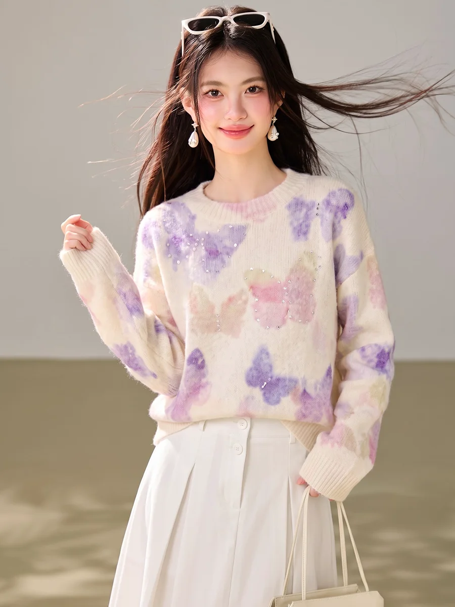 Women's Gradient Butterfly Jacquard Beaded Relaxed-Fit Sweater New Fall/Winter Gentle and Elegant Beaded Knitted Tops