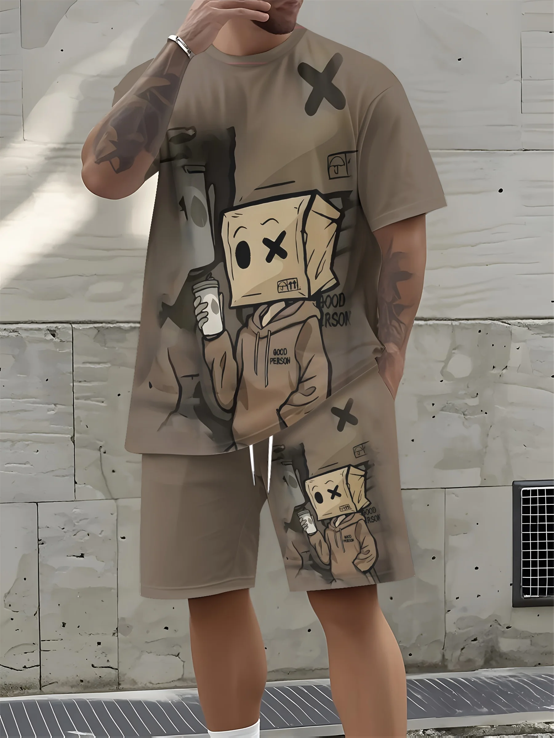 

Модный художественный эстетический спортивный костюм с принтом «Люди» для мужчин, новые летние мужские комплекты для пляжного бега, повседневная футболка с круглым вырезом, комплект с шортами