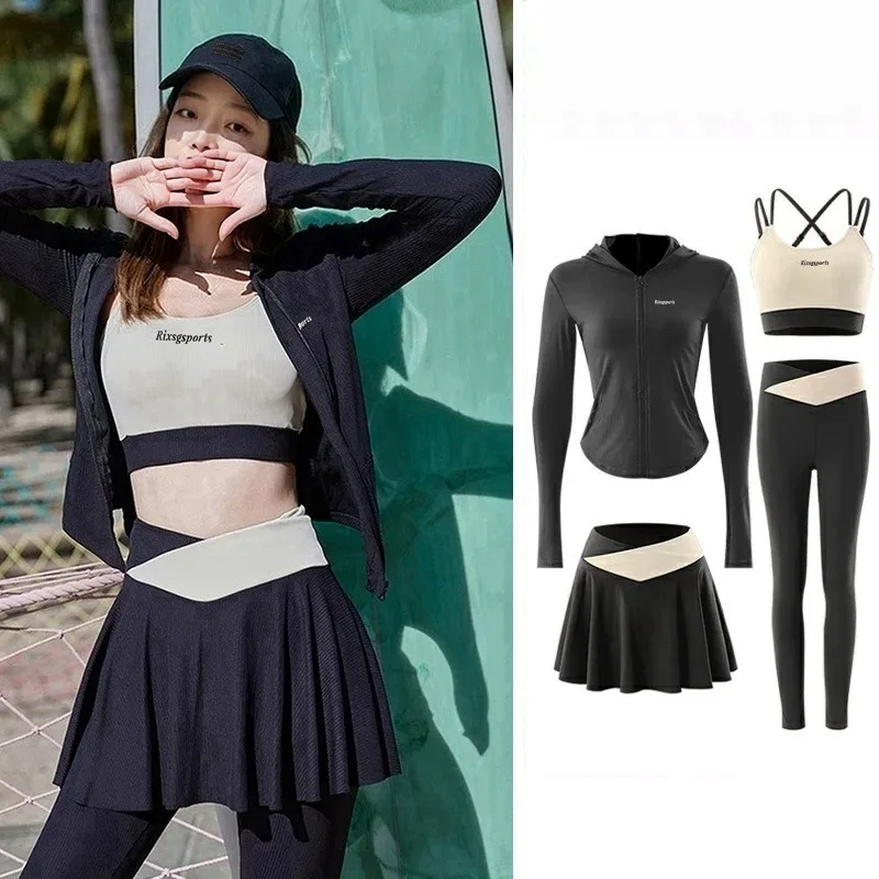 Women Sport Rash Guard Swimsuit Long Sleeve Zip Jacket Crop Top Skirted Leggings Modest Bathing Suit for Surfing Diving Beach