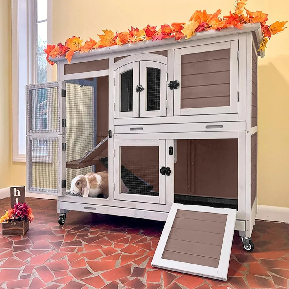 

Rabbit Hutch Indoor Bunny House Guinea Pig Cage with Sliding Plastic Trays, Wheels & Ramp, 47.2" Multi-Door Wooden Small Animal
