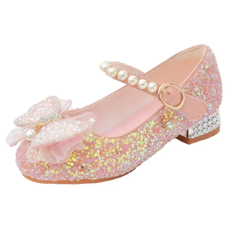 Princess Butterfly Leather Shoes Kids Diamond Bowknot High Heel Children Girl Dance Glitter Shoes Fashion Girls Party Dance Shoe