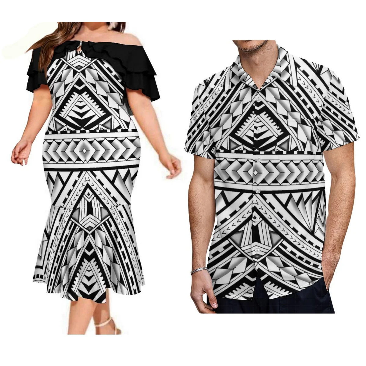 

Women'S One-Shoulder Dress Mermaid Dress With Temperament Men'S Pocket Shirt Polynesian Island Couple Dress