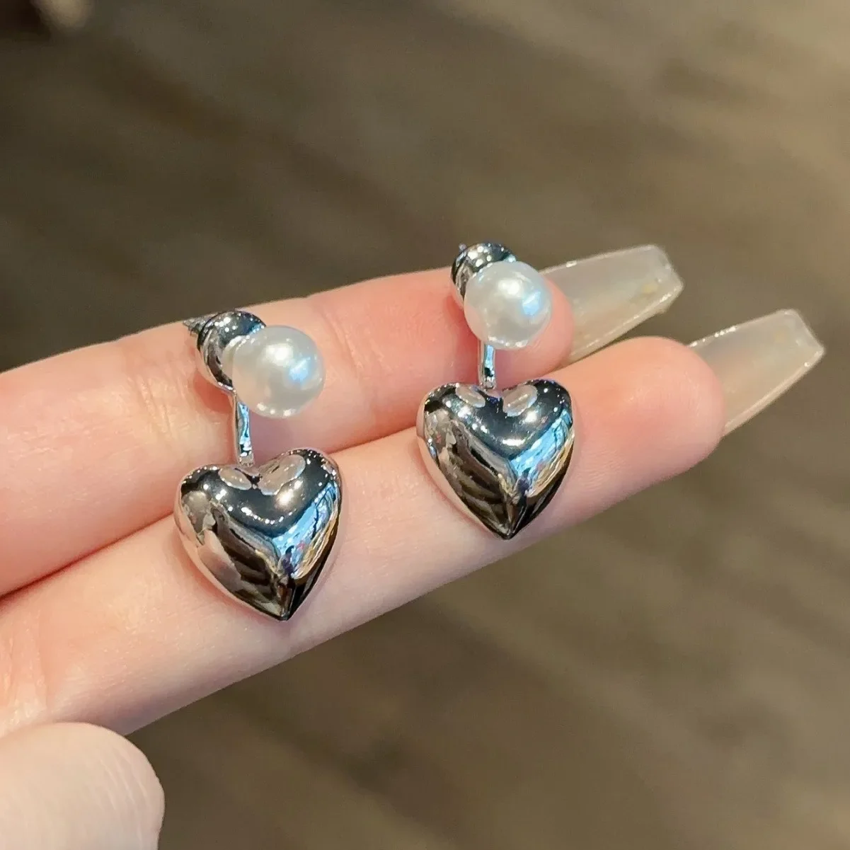 Imitation Pearl Heart Back Hang Post Two in One  Dangle Earrings for Women Personalized Ear Jewelry Wholesale Girl Friend Gift