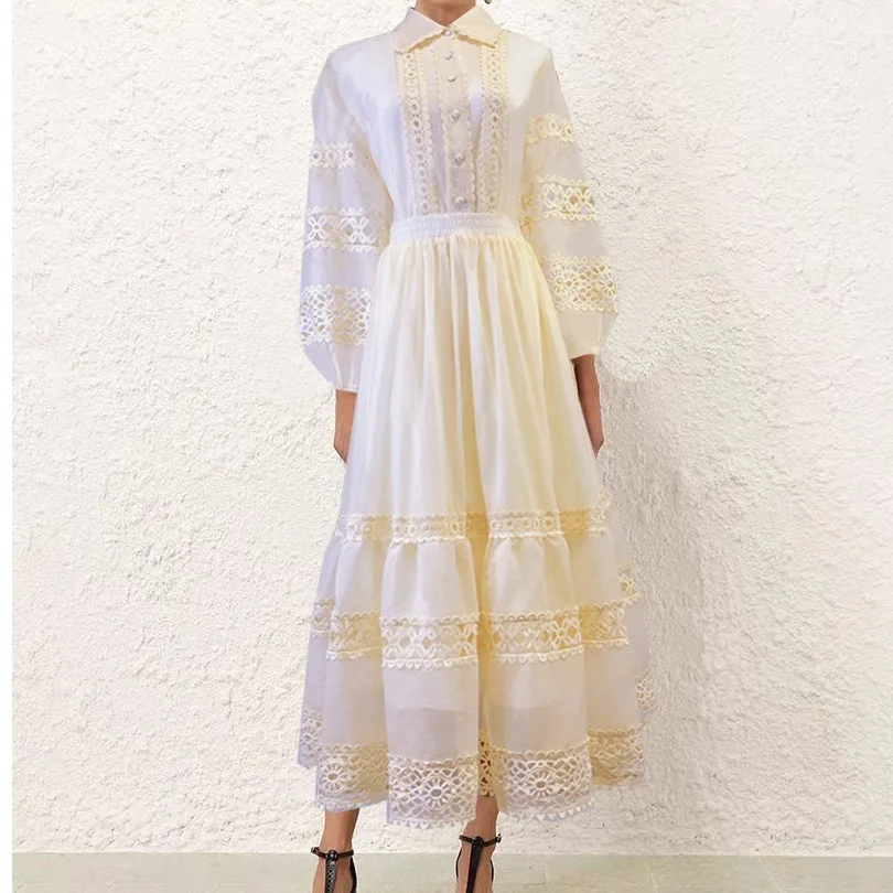 

Faionable Lace Splicing Hollow Bubble Long Sve irt Elastic Waist Dr Autumn New Sle Women's Faion Set Polye...