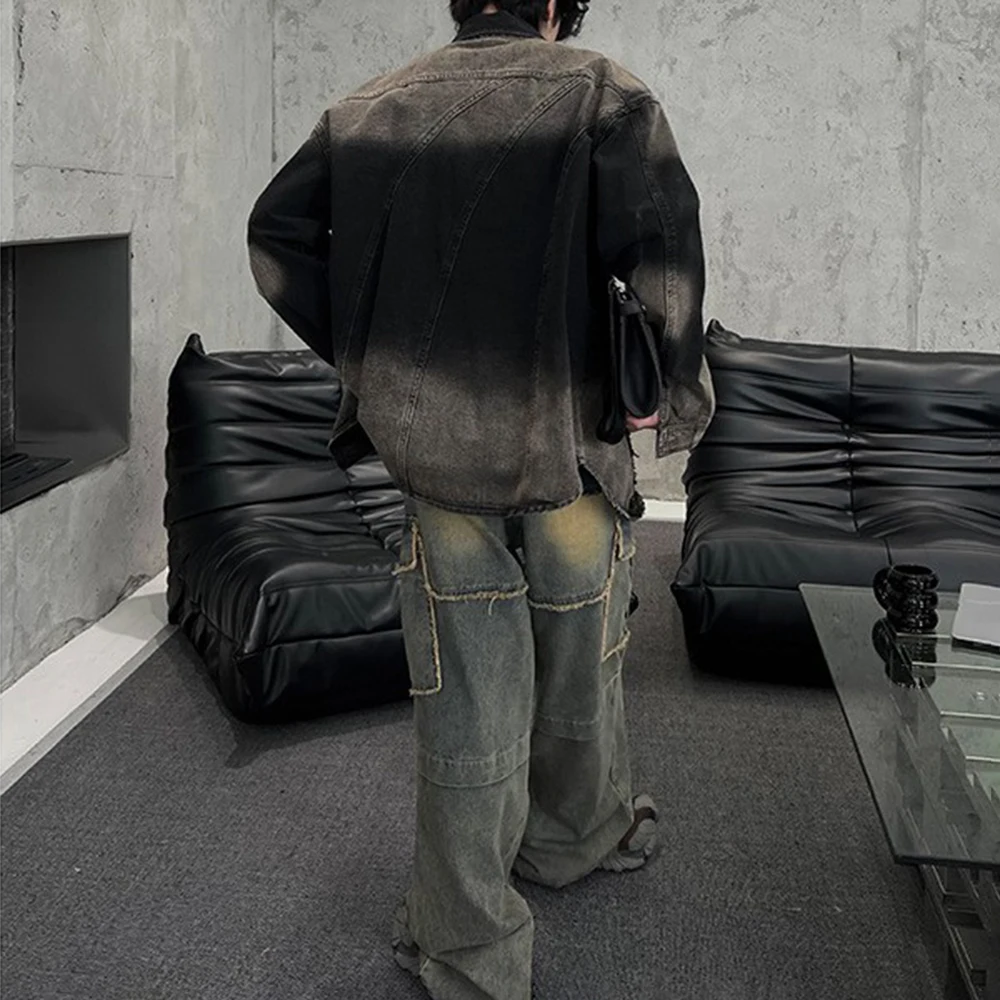 Korean High Street Fashion Washed Gradient Hip-Hop Trend Ripped Old Denim Jacket Loose Large Size Casual Retro Jacket For Men - Image 5