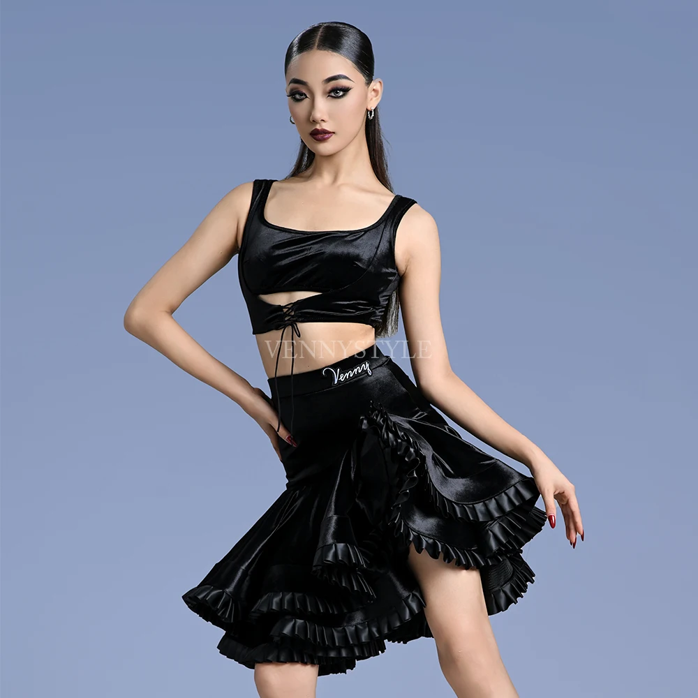 Vennystyle Latin Dance ladies adult dance dress top half skirt performance professional training dress velvet dance dress