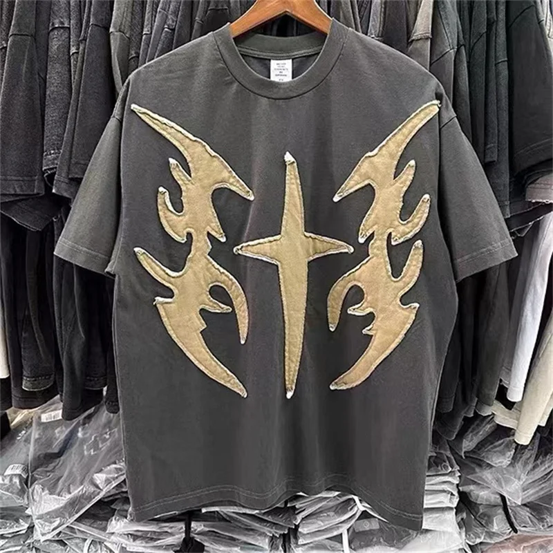 

Футболка 24ss мужская с вышивкой и круглым вырезом, хлопковая серая рубашка с коротким рукавом, Свободный Повседневный Топ, на лето