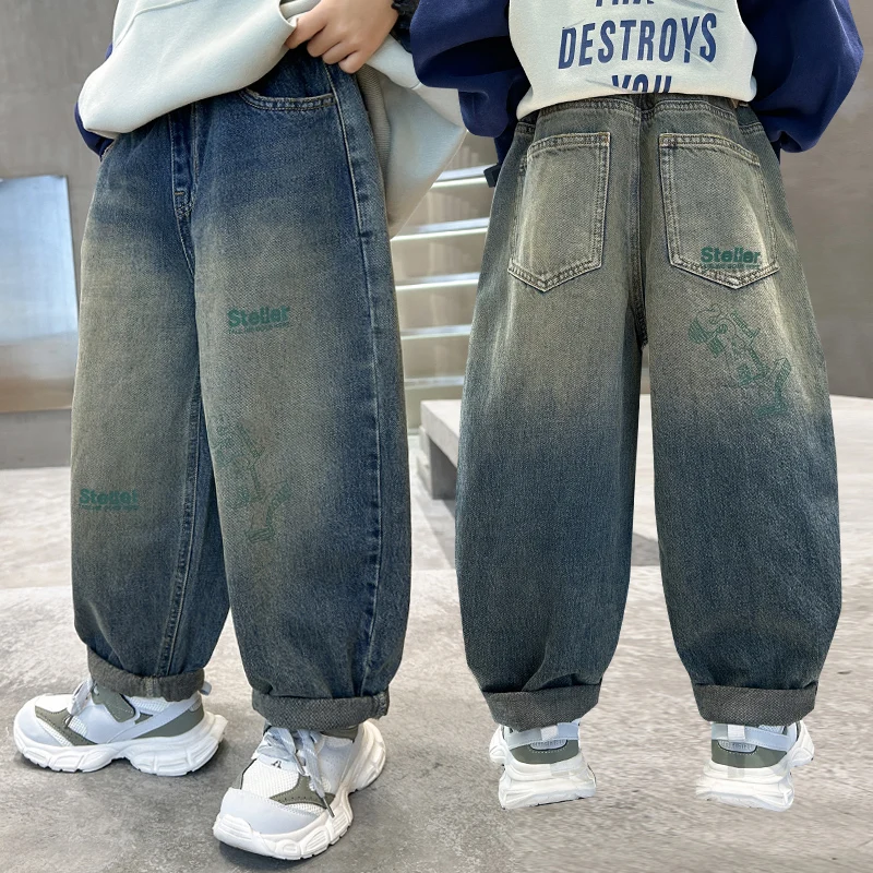 

Spring Autumn Children Gradient Blue Baggy Jeans Boys Casual Distressed Denim Pants School Kids Fashion Jeans Trousers 5-14 T