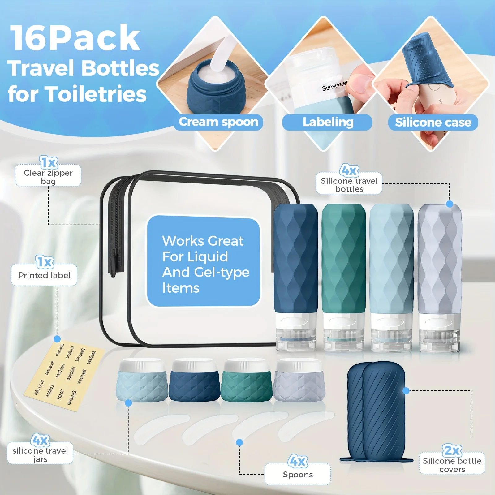 【16Pcs】Portable Beauty and Personal Care Travel Companion, Tsa-Approved Travel-Sized Toiletries Container Set, Multiple Accessories to Choose From, Essential for 【Travel】 Season and 【Ship and Airplane】 Travel