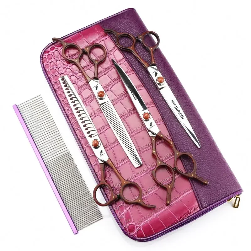 7.0 inch vg-10 brown wood Veterinary Animal Shaped Scissors Pet Grooming Scissors Pet Fishbone Teeth 4 scissors set