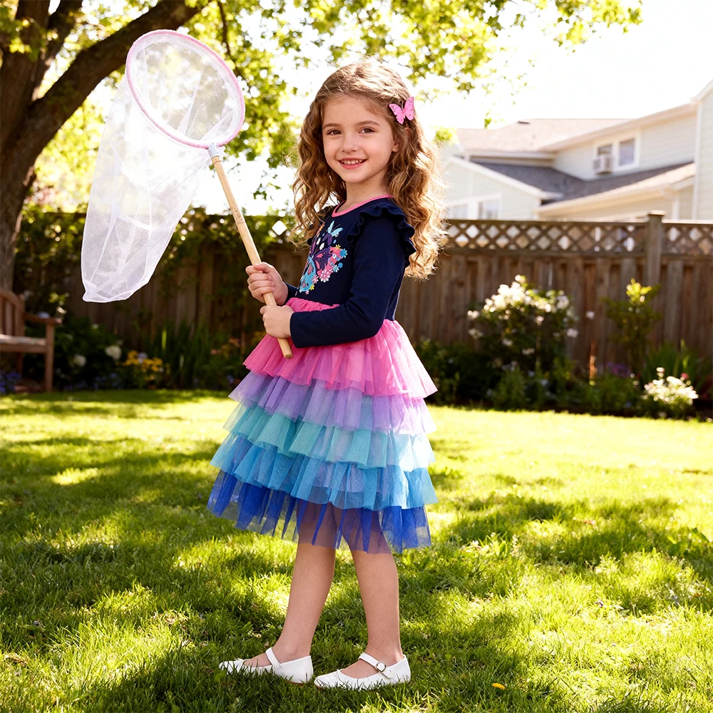 DXTON Children Daily Clothing Ruffled Girls Cotton Dresses Butterfly Printed Kids Autumn Vacation Dress Animals Toddler Outfits