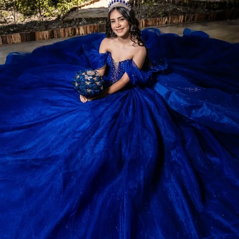 

Customized Shiny royal blue Off Shoulder Quinceanera Dress Lace Tul crystal Long tail Bow vestidos de 15 Quinceanera