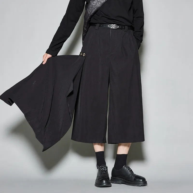 Designer Cut Men's Dark Irregular Cropped Pants Japanese Style Ribbon Culottes Wide Leg Pants