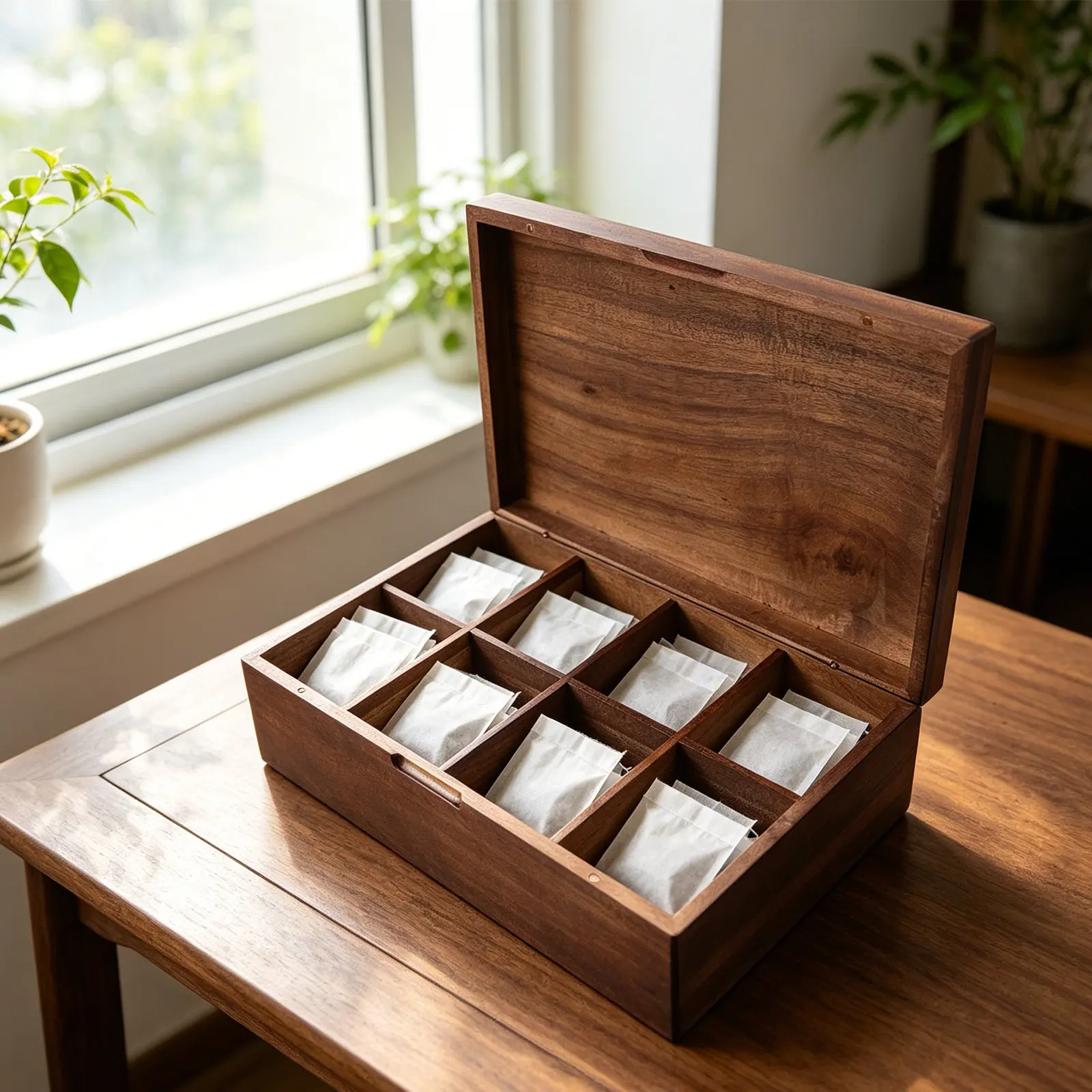 Wooden Tea Bag Organizer Chest 8 Compartments Vintage Wood Grain Storage Box for Countertop Tea Packet Holder Coffee Station