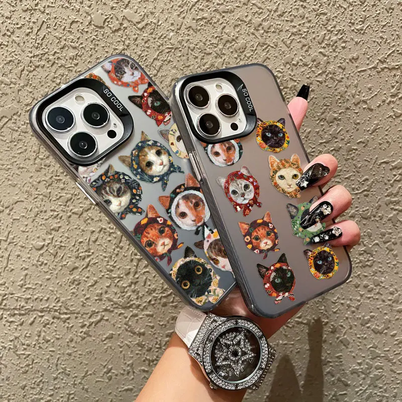 

Cute Headscarf Cats Phone Case for iPhone 16 15 Pro Max Plus 14 Pro Max 11 12 13 Pro Max Mini Shockproof Laser Back Covers Funda