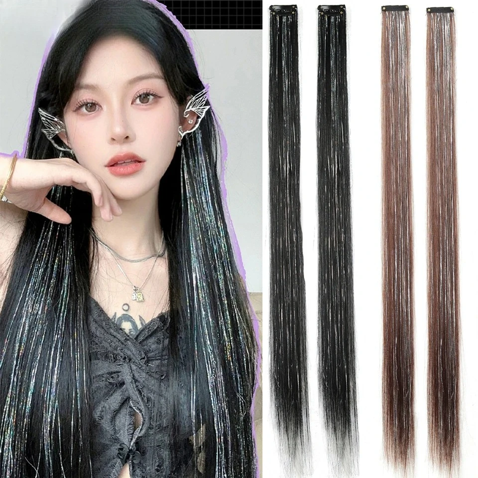 

2pc Clip in Black Hair Extensions Mixed Silver Tinsels Synthetic Rainbow Hair Holiday Party Highlights for Women Girls