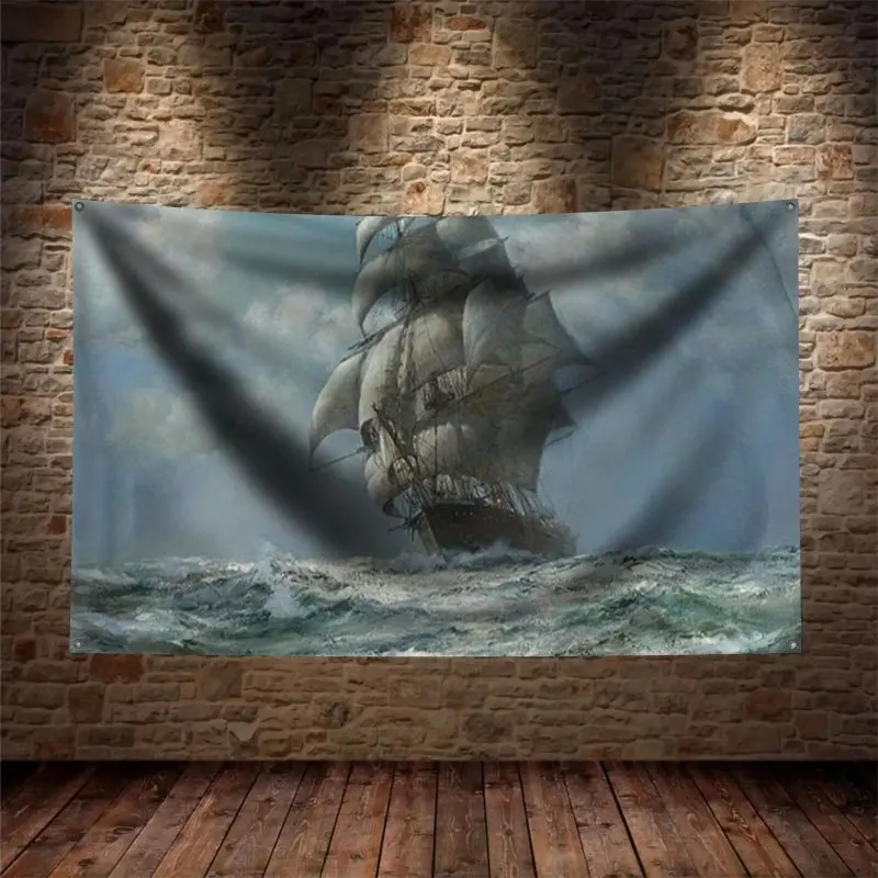 Nautical Pirate Ship Tapestry Banner Wall Decoration Flag Art Print For Home Decor Living Room Bedroom With 4 Rings