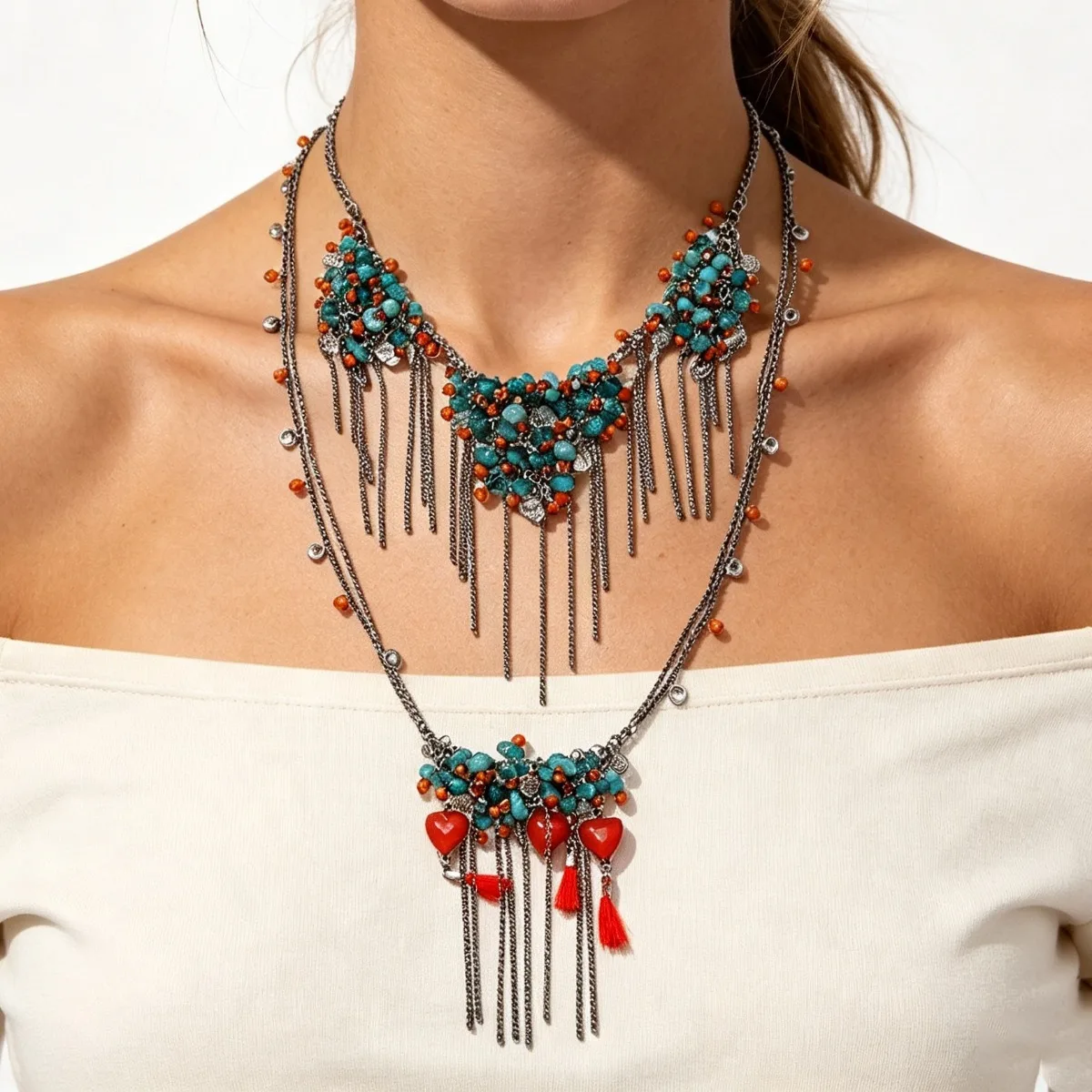 Layered Seashell Beaded Necklace Cowrie Shell Multi Strand Choker Set For Women Ocean Beach Vacation Bohemian
