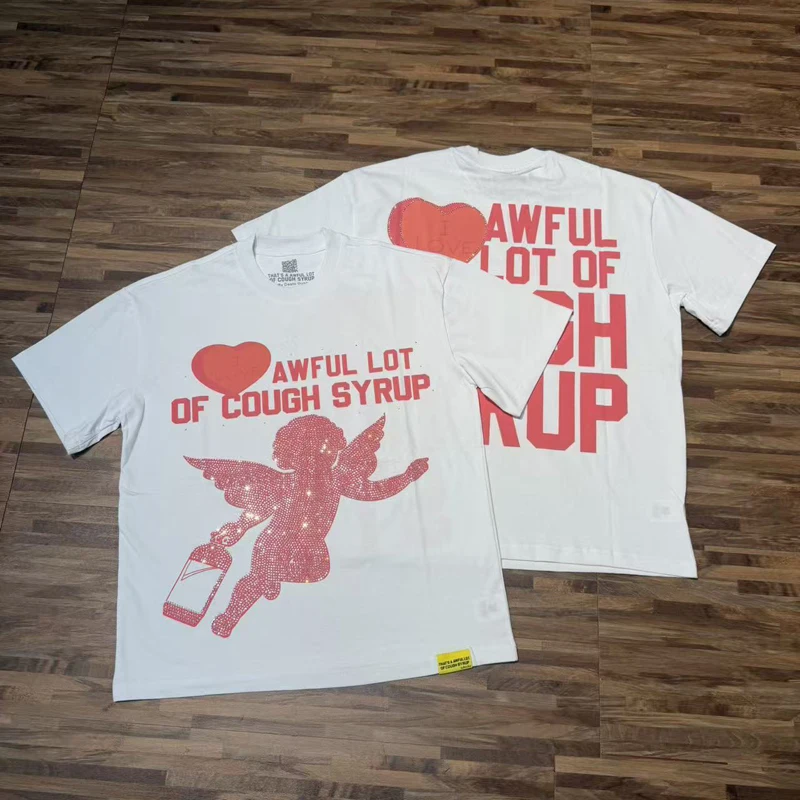 Streetwear Trend Couple Hot Drill Pattern Printing T-shirt THAT'S A AWFUL LOT OF COUGH SYRUP Short-sleeved