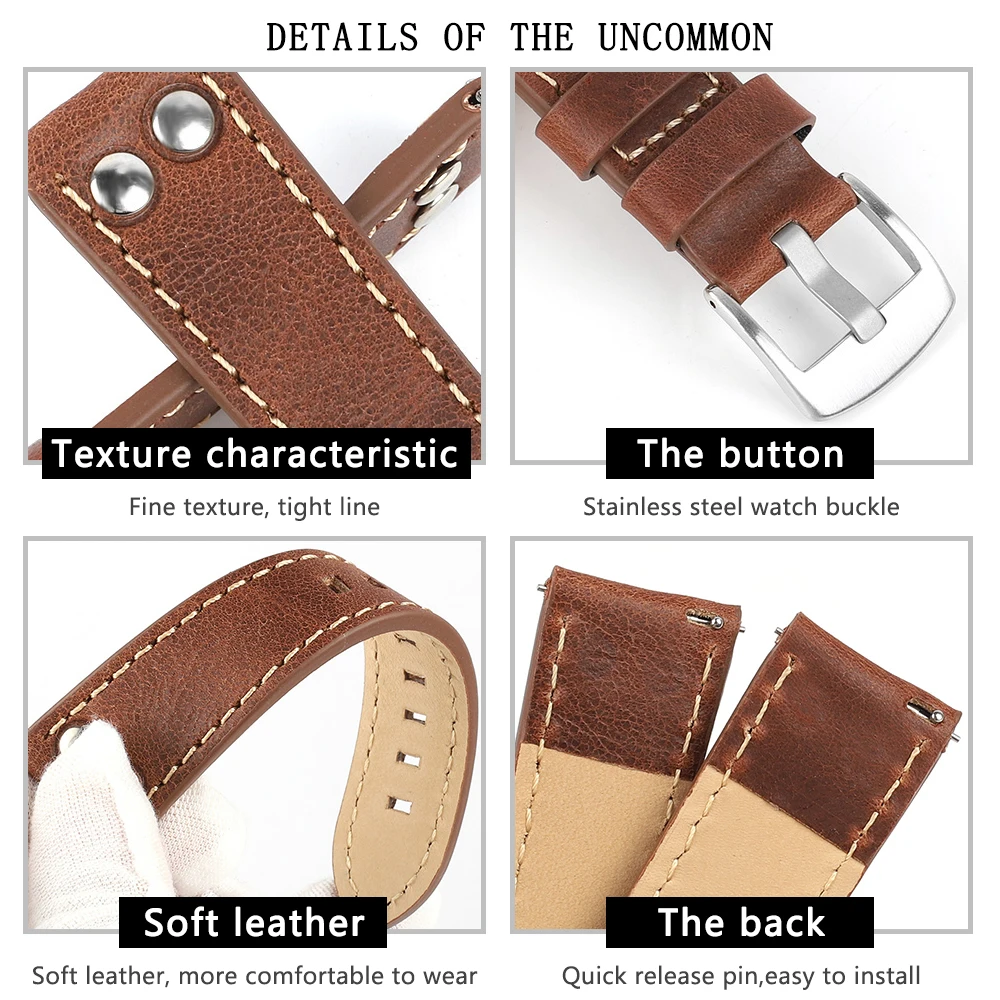 Genuine Leather Rivets Watch Band 20mm 22mm Coffee Brown Watchband Stainless Steel Pin Buckle Wrist Belt Strap Bracelet for Men