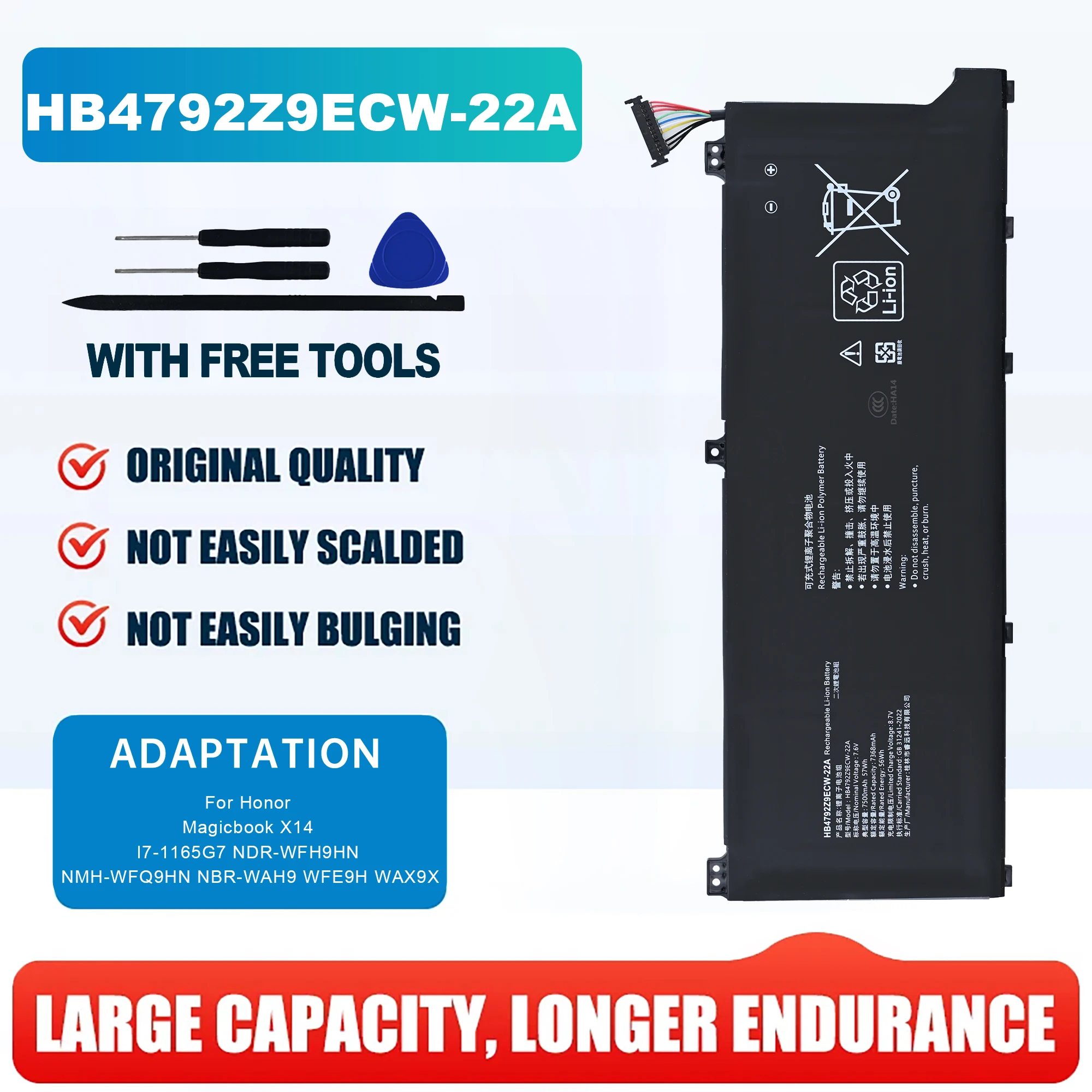 HB4792Z9ECW-22A 4ICP5/62/81 Laptop Battery For Honor Magicbook X14 I7-1165G7 NDR-WFH9HN NMH-WFQ9HN NBR-WAH9 WFE9H WAX9X