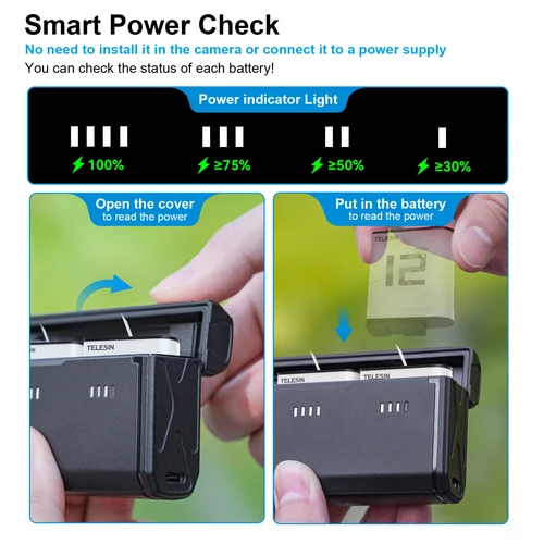 Imagen 2 del producto TELESIN cargador de batería portátil para GoPro Hero 12 11 10 9 batería 3 ranuras tarjeta TF caja de cargador de almacenamiento de batería para Gopro 12