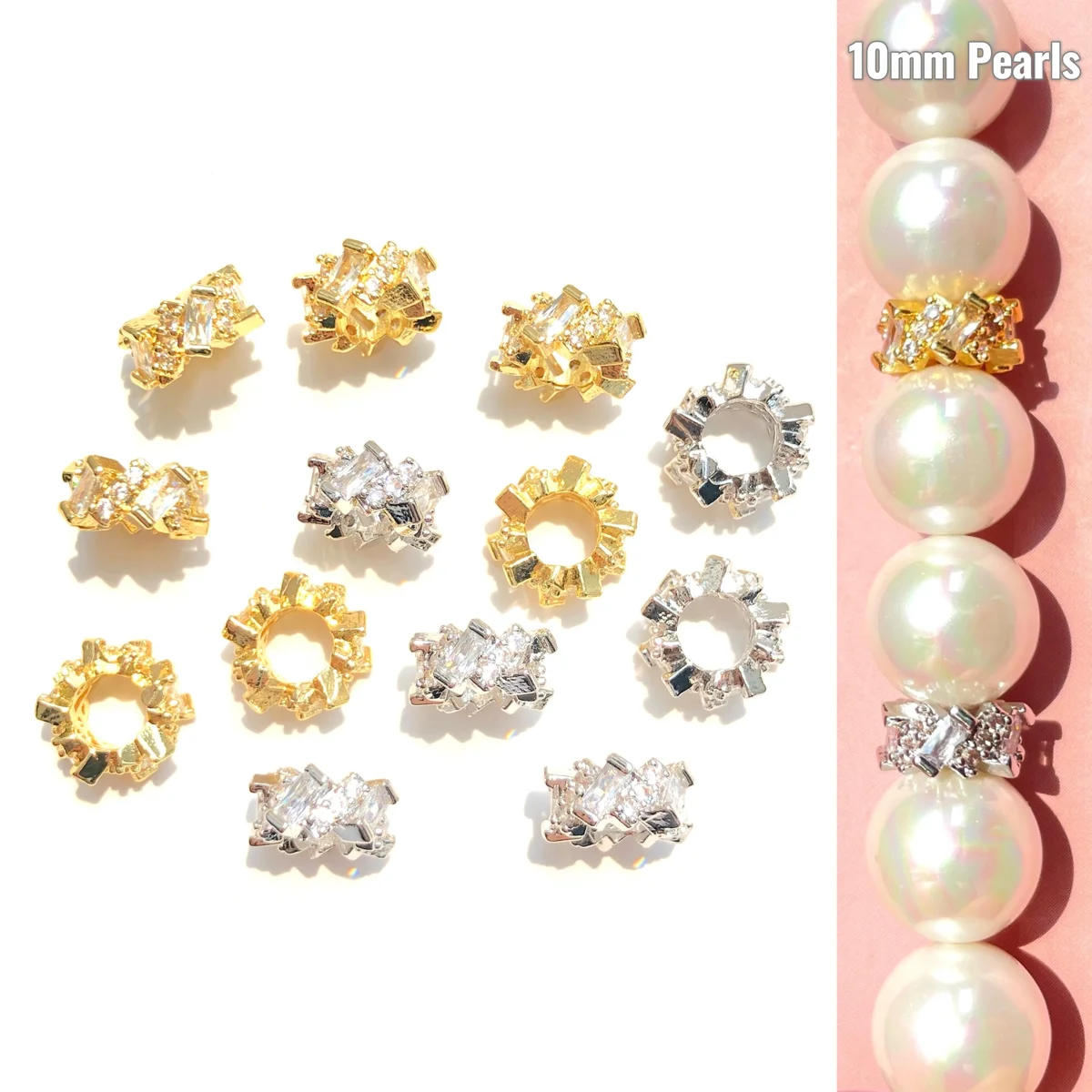 20pcs Gold-Plate Wheel Spacers Clear Zirconia Pave Bling Loose Beads for Bracelet Necklaces Earring Jewelry Components Wholesale