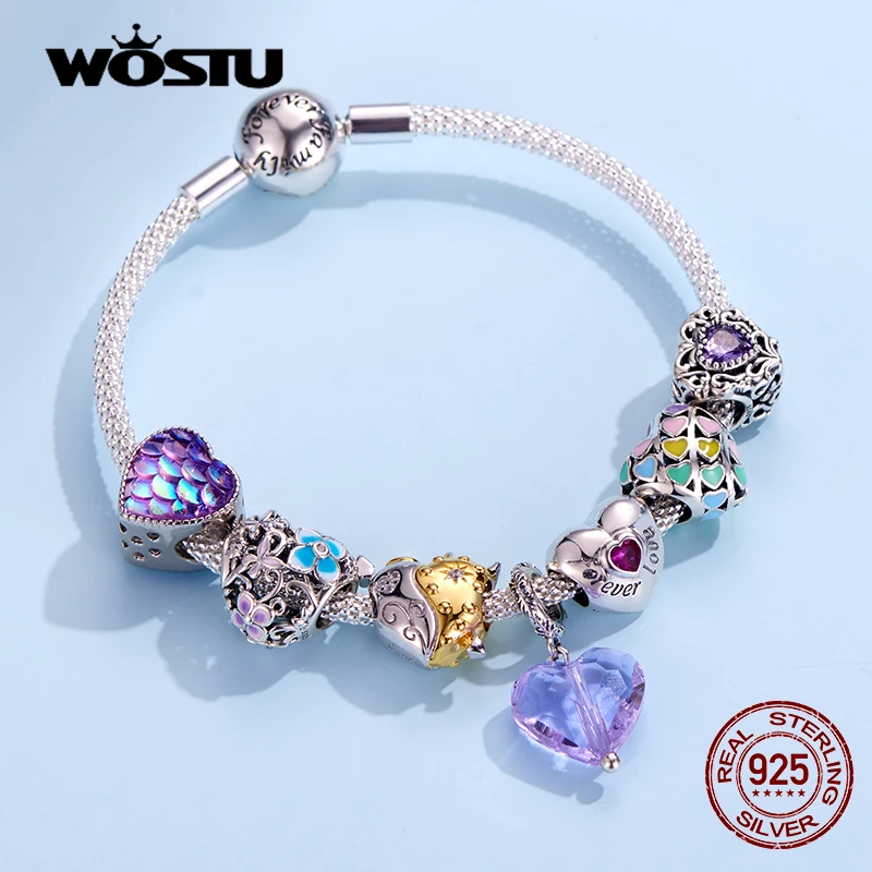 WOSTU 100% 925 Sterling Silver Heart Vintage Charms Beads Fit Original DIY Bracelets Necklace Mother\'s Day Jewelry Gifts for Mom