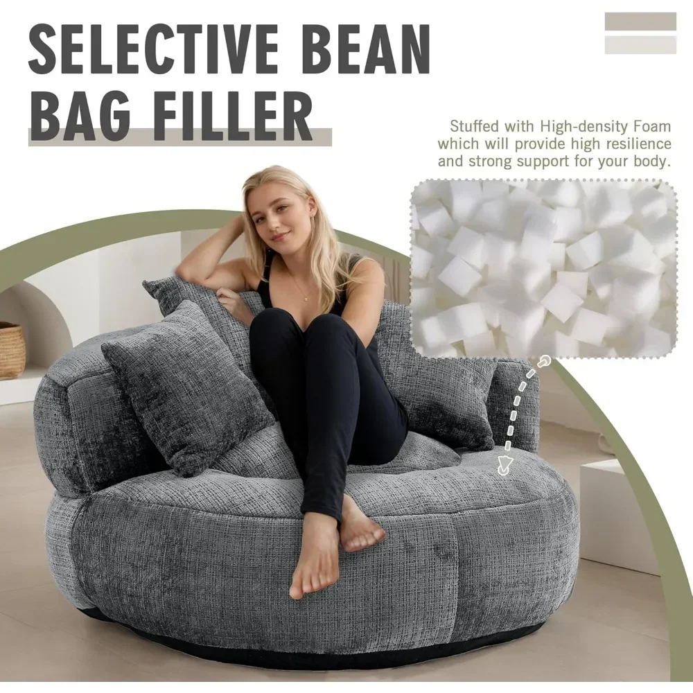 Bean Bag Chair Sofa with Pillows, Beanbag Lazy Chair for Living Room, Stuffed Round Sofa Chair Fluffy Sofa Bed