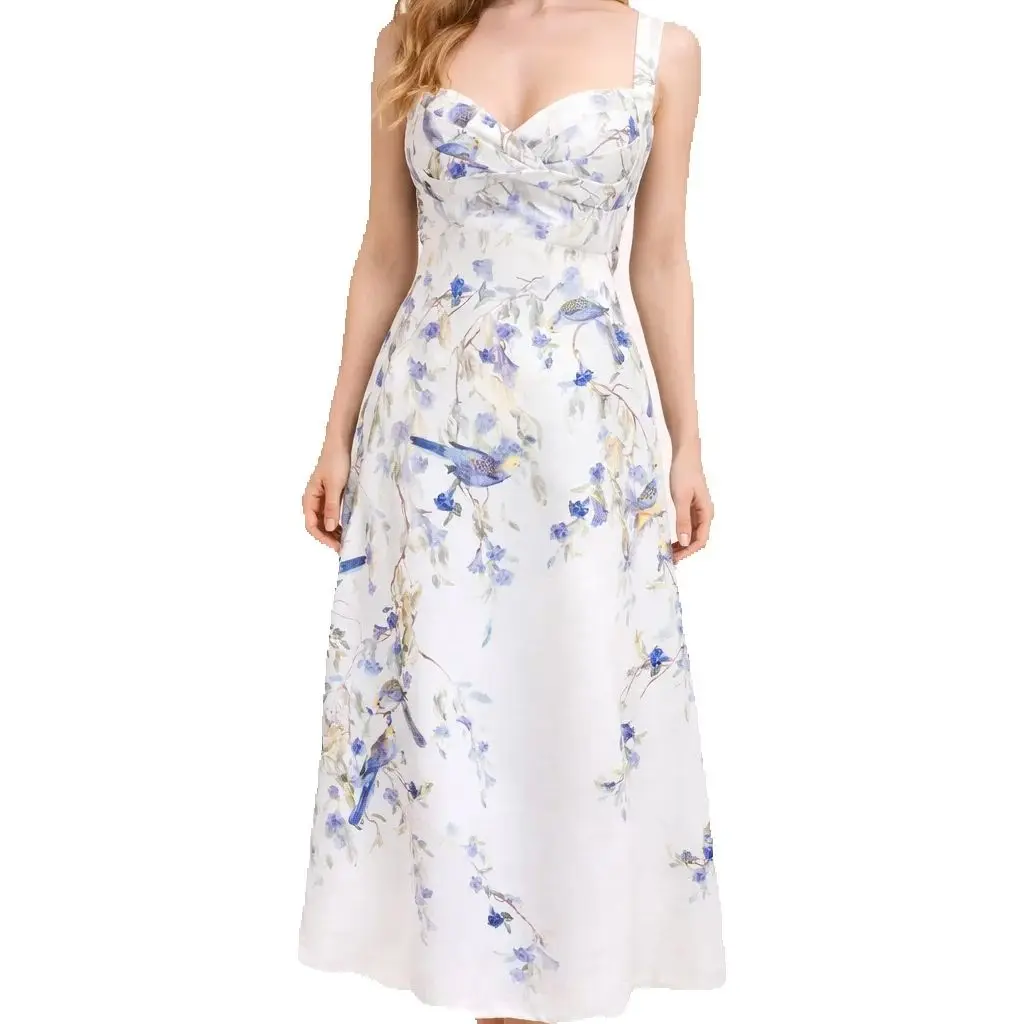 Dames Vintage Bloemenprint Diep V-hals Maxi Jurk Gevoerde Buste Gerimpeld Bandloos Rugloos A-lijn Zwierige Feest Cocktailjurk - afbeelding 2
