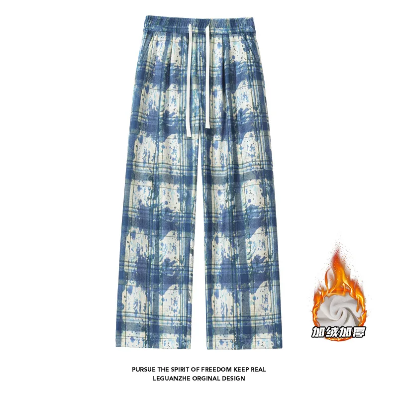 【Mirrordust】2025 Winter Plus Size Tie-Dye Plaid Fleece-Lined Pants Warm Japanese Style Casual Loose Long Pants for MenWomen M-5X