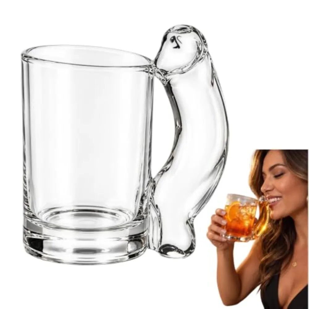 Novelty Clear Glass Cup with Funny Face Handle, Creative Drinkware for Cocktails, Juice, Soda, Home Bar and Party