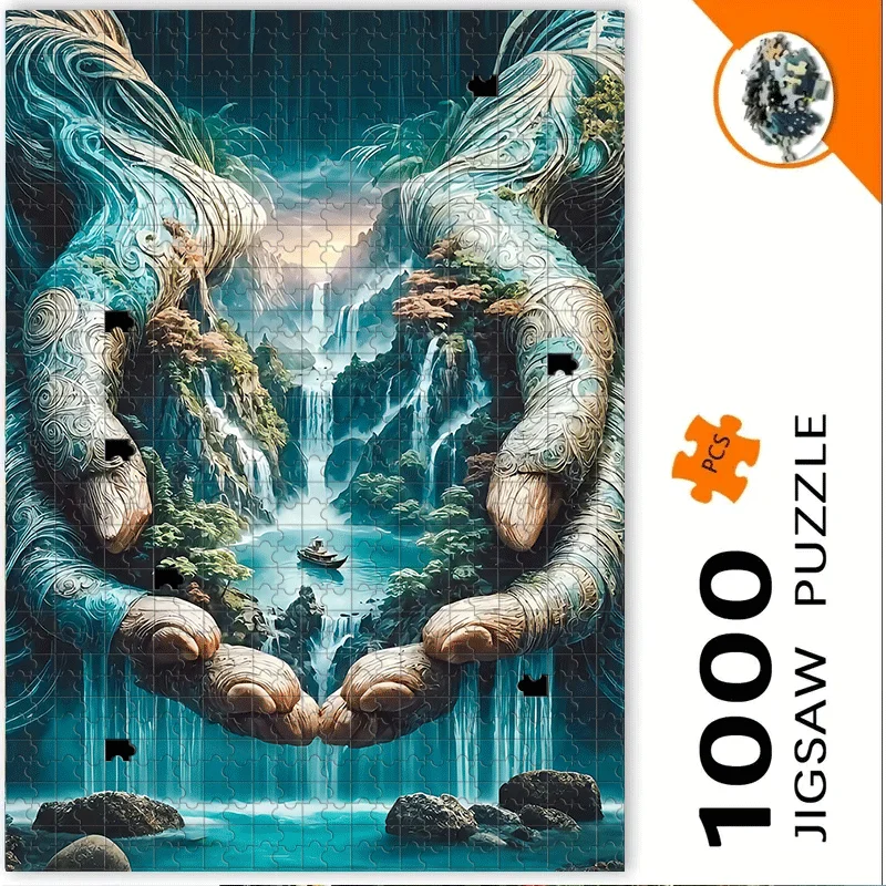 Handen, landschap en waterval met bootpuzzel - 500 stuks/1000 stuks volwassen puzzel voor interactieve familiespellen en kamergenootverlijming