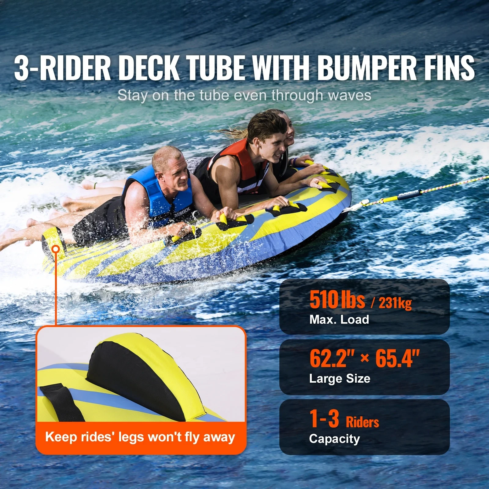 Towable Tube for Boating, 1-3 People Inflatable Towable Tube with Bumper Fins, 510lb Water Sport Towable Tubes for Boat