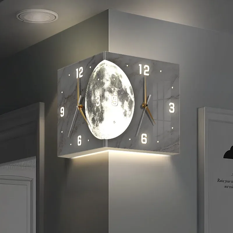 

GHJUYIOL New living room corner double-sided luminous creative clock wall lamp moon corner hanging clock