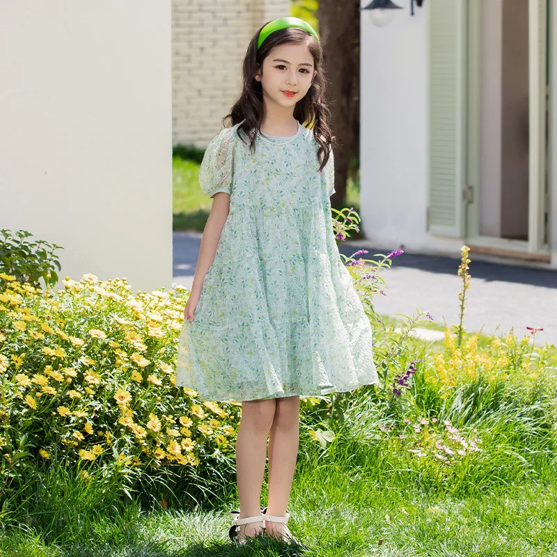 JUCPKID 2024 Korean Summer Junior Girl Dress Children Girl Flower Bubble Sleeve Princess Dress School Girl Beach Resort Dress