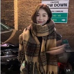 Vintage Winter Warm Cashmere Long Scarf Brown Soft Long Tassel Scarves Plaid Thickened Thickened Warm Shawl Wrap Women Girls