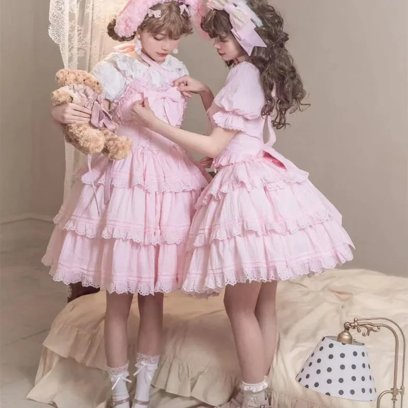 Pink Kawaii Sweet Lolita Dress Set Women Victorian Vintage Slim Bandage Crop Tops Ruffles Mini Fairy Skirt Gothic Y2k Girls Suit
