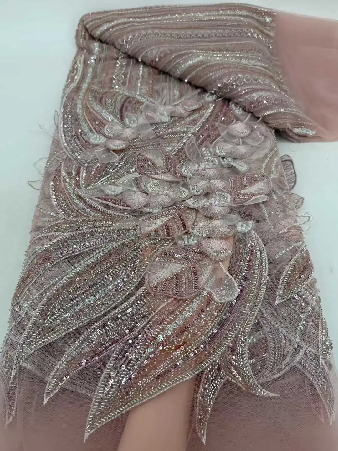 

3D Flower Luxury Super Heavy French Wedding Dress Lace Fabric 2026 African Handmade Beaded Sequins Fabric Nigerian Evening Dress