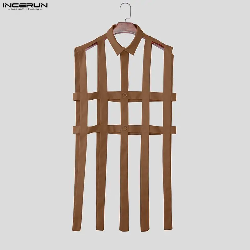 INCERUN Men Shirt Hollow Out Solid Color Personality Casual Men Clothes Streetwear Lapel Sleeveless Fashion Tops Shirts For Man