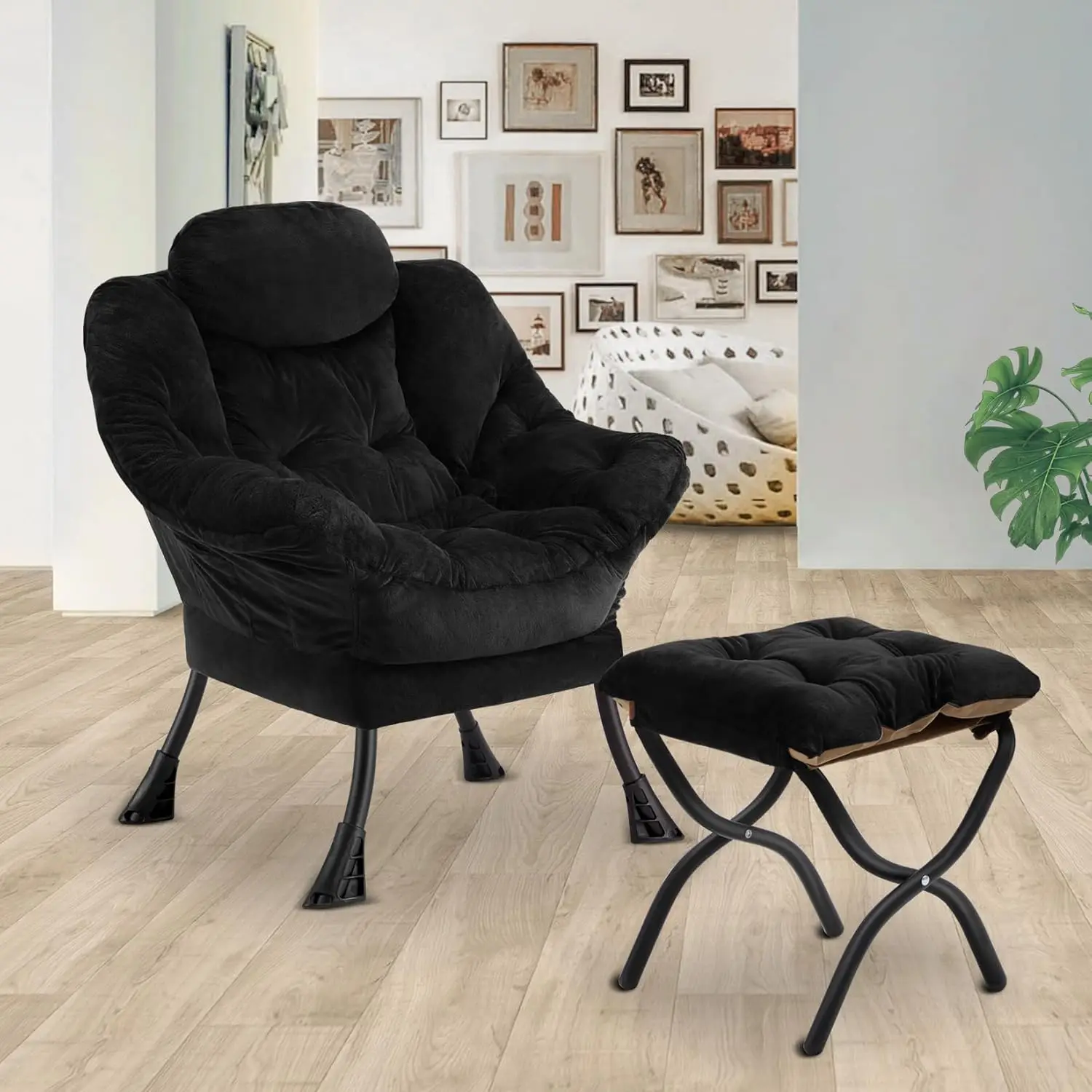 Folding Ottoman Lazy Chair with Soft Fabric, Armrests and Side Pockets in Plush Black for Living Room, Bedroom, Office