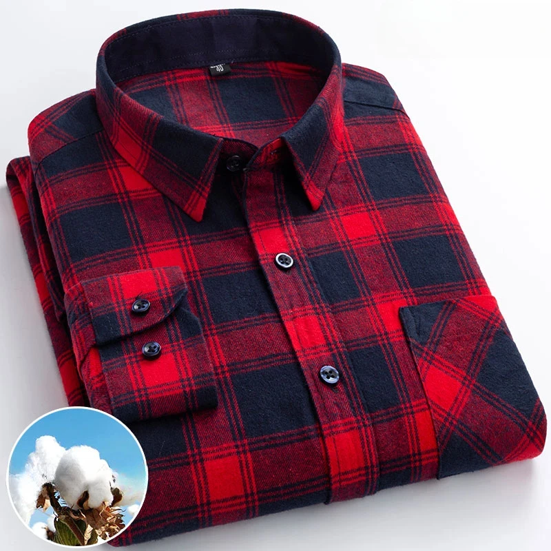 New in shirt plus size 6xl 100%cotton sanding long-sleeve shirts for men soft slim fit Casual plaid tops korean popular clothes