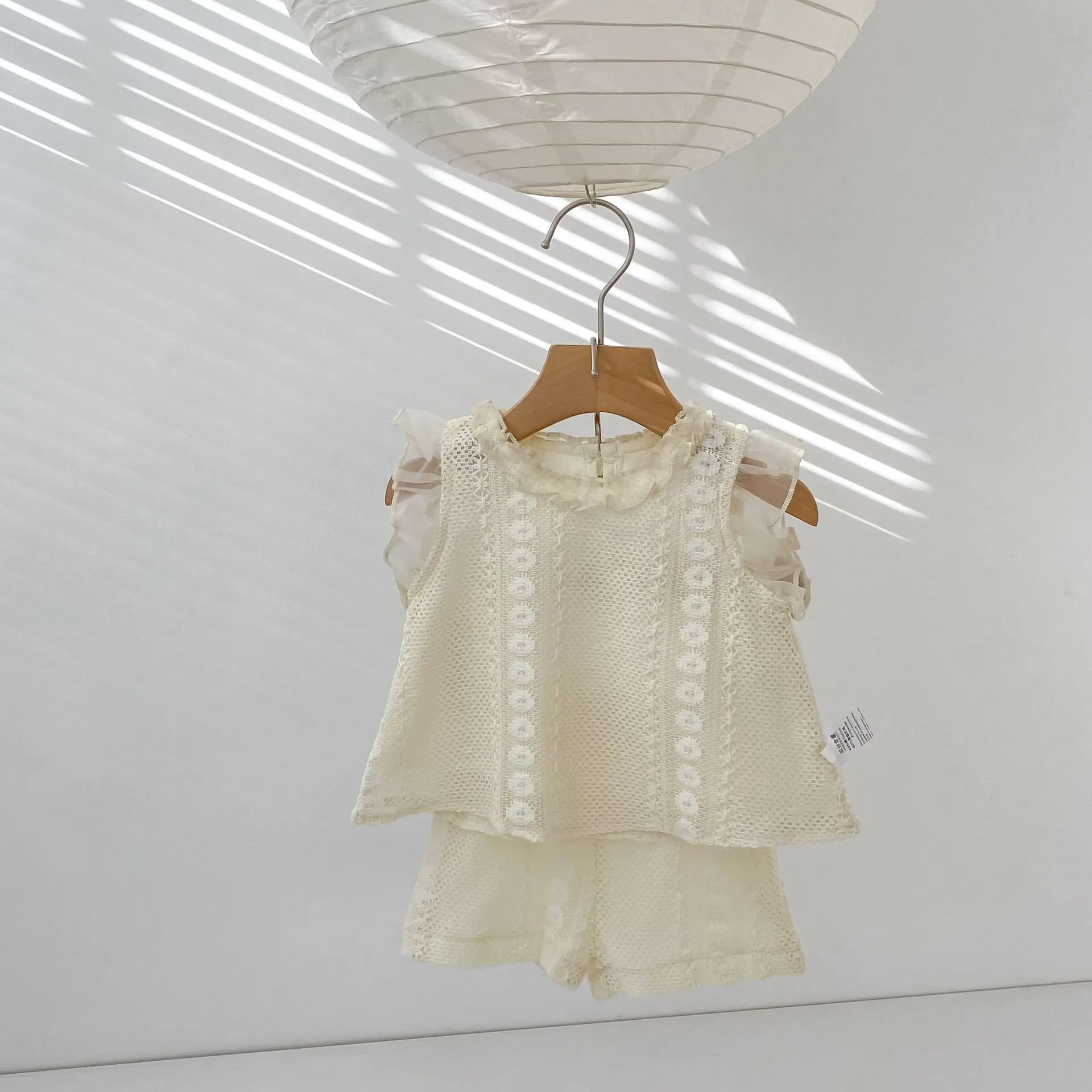 2026 Summer New Baby Sleeveless Clothes Set Infant Girl Cute Lace Vest Hollow Out 2pcs Suit Thin Cotton Toddler Solid Outfits