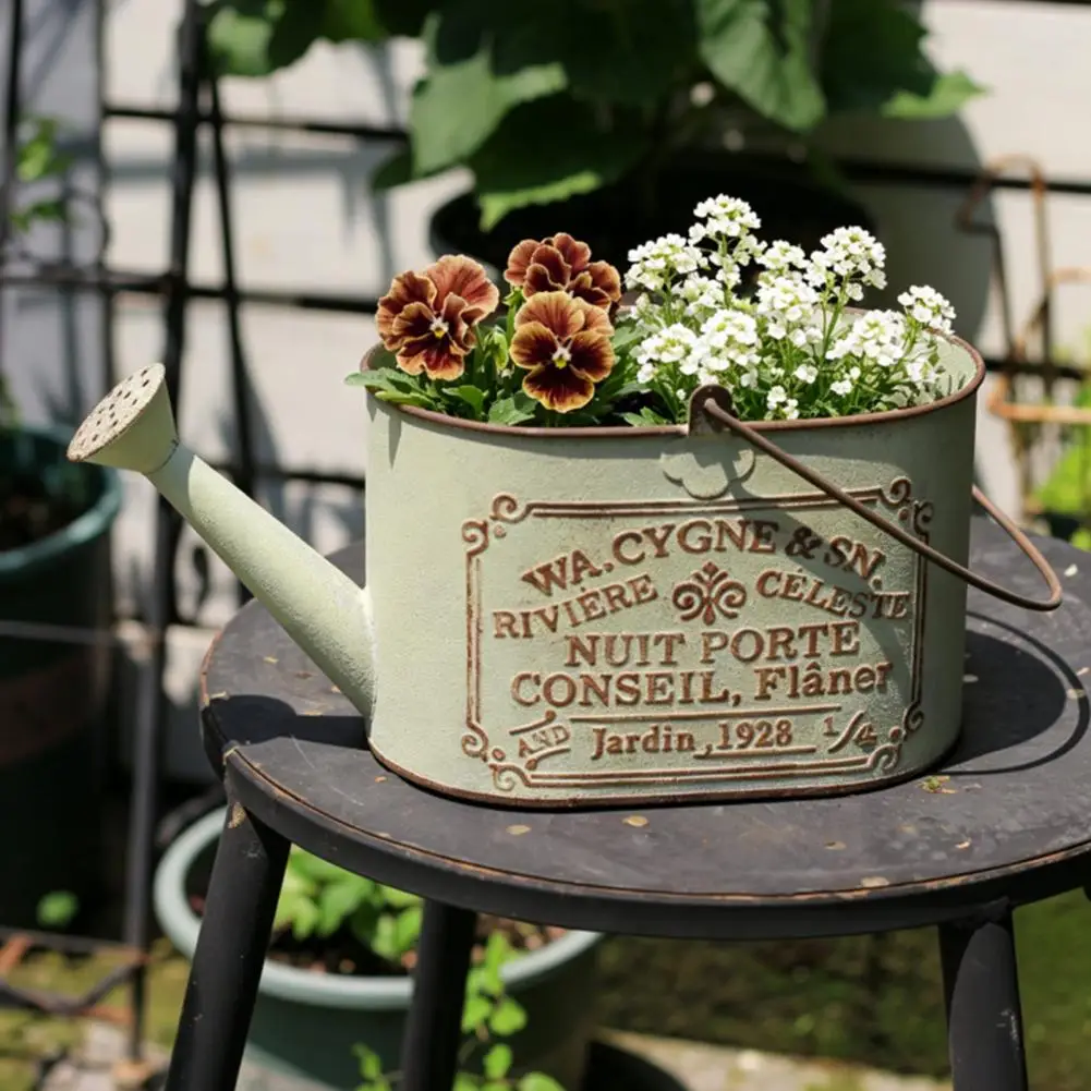 Indoor Flower Planter Retro Style Decorative Flowerpot with Handle Storage Tray Sprinkler Shaped Durable Iron for Home for Home
