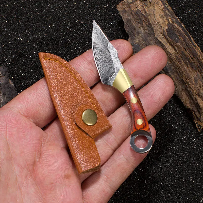 Brass Sharp Knife Gift Wood Straight Knife EDC Outdoor Self-defense Fruit Tool Keychain Pendant Unpacking Express Unboxing Knife