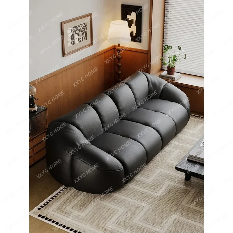 

AAVintage Style Black Full Genuine Leather Retro Straight Row Living Room Top Layer Cowhide Sofa