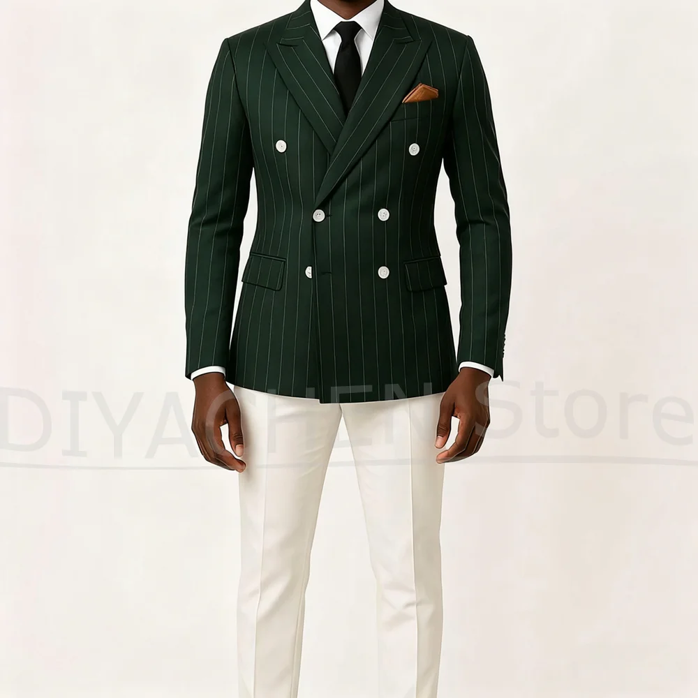 

Мужской костюм в тонкую полоску, двубортный пиджак с лацканами и белыми брюками, свадебный элегантный повседневный мужской костюм по индивидуальному заказу