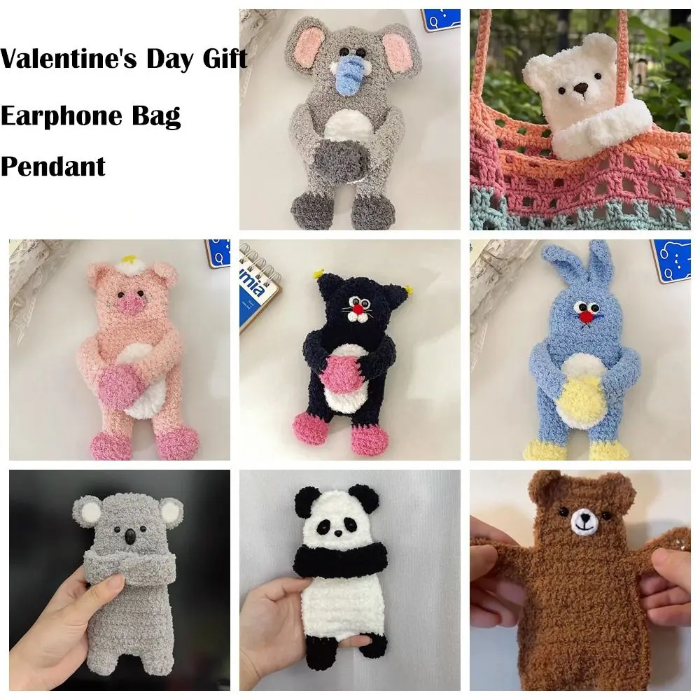 Cute Plush Earphone Bag Pendant Hand-woven Cartoon Wool Crochet Bag Cases Valentine's Day Gift