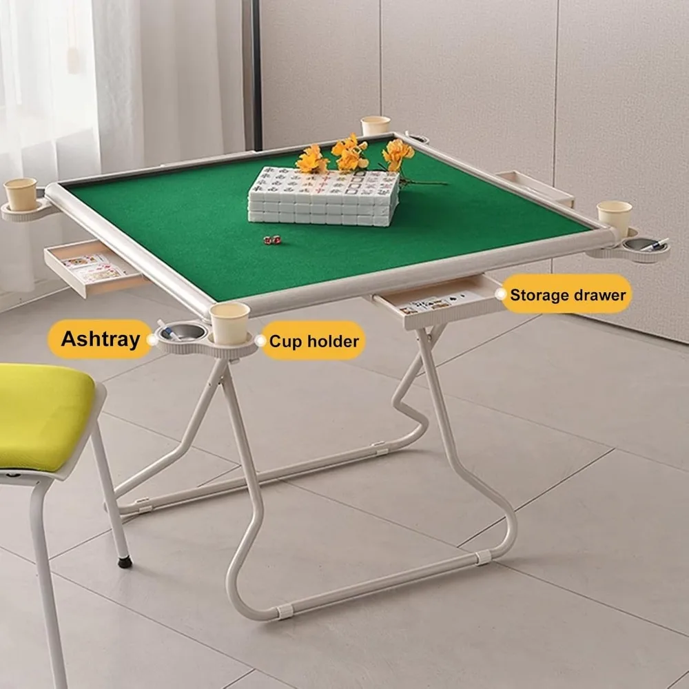 Mahjong Table, Mahjong Table Foldable, Domino Table with Drawers and Cup Holders, PVC Straight Edge Card Table (Brown)